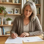 Composed older woman calmly comparing neuropathy treatment notes at a tidy table
