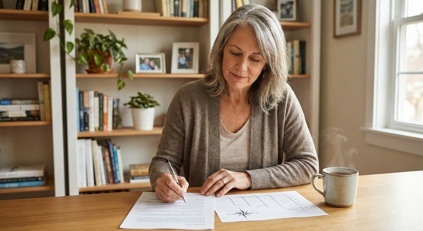 Composed older woman calmly comparing neuropathy treatment notes at a tidy table