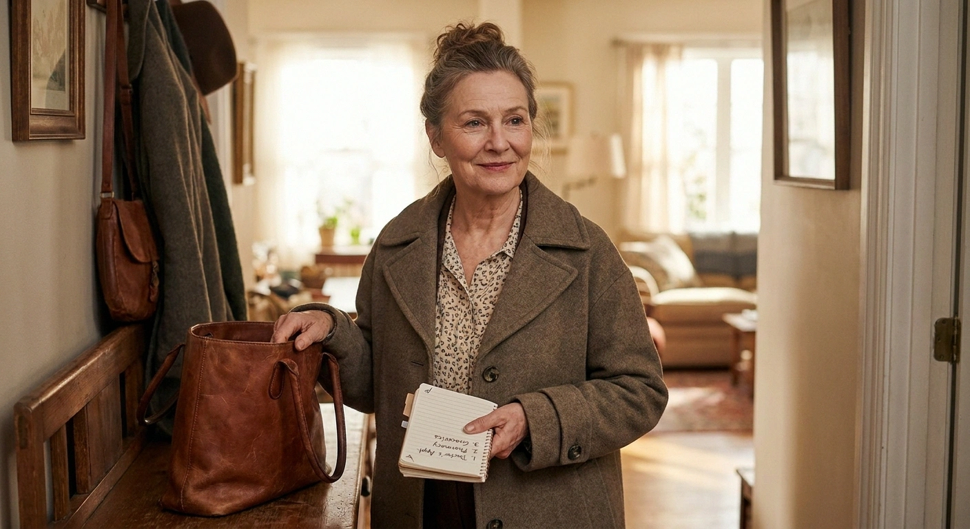 Older woman holding a simple written treatment plan, calm and ready for her appointment