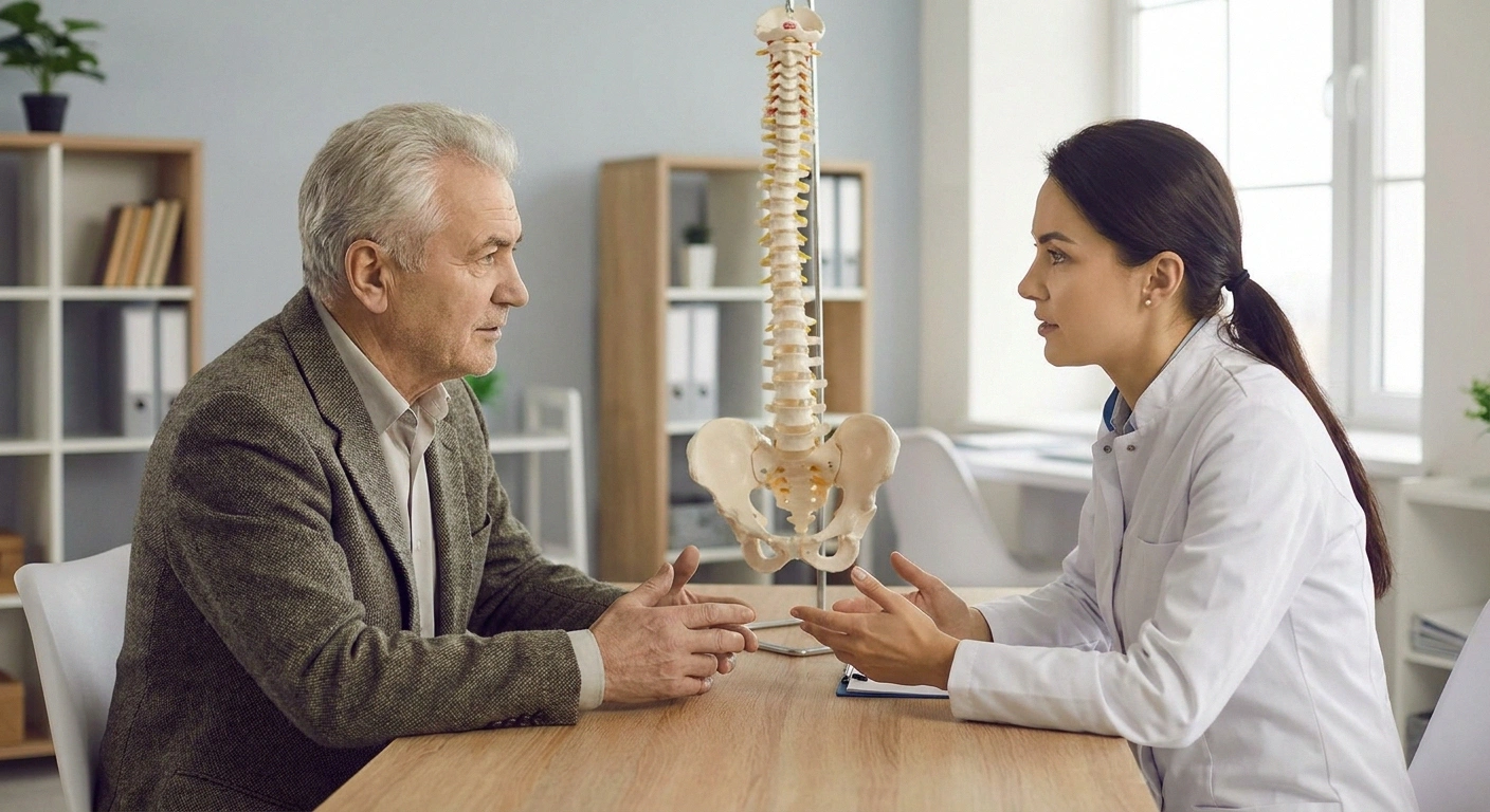 Older patient and a specialist in a calm, unhurried consultation about advanced options