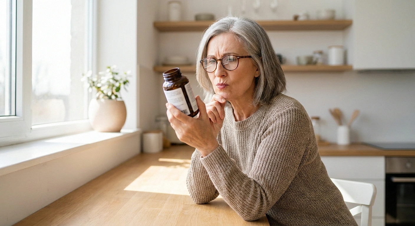 Older person thoughtfully reading a single supplement label by a bright window