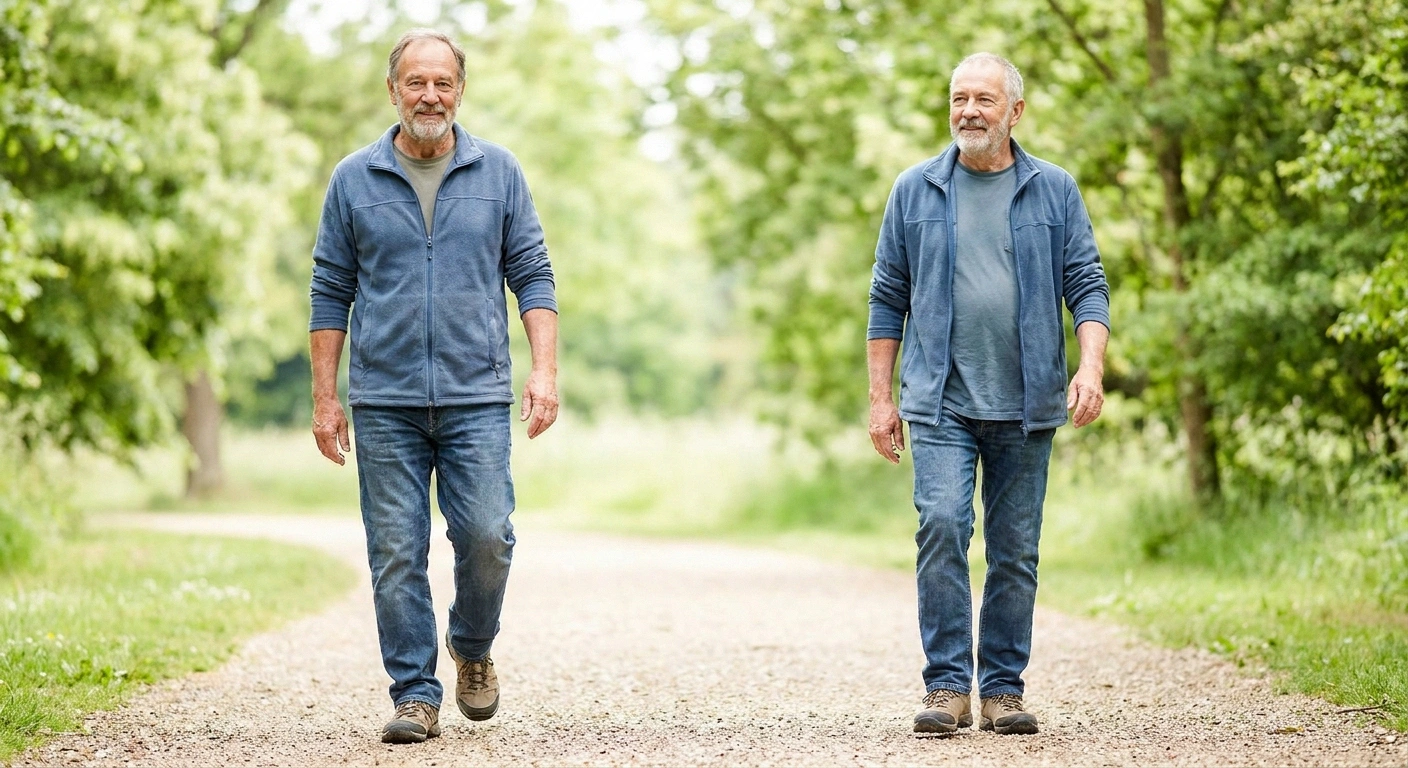 Older man taking a gentle steady walk outdoors in supportive shoes