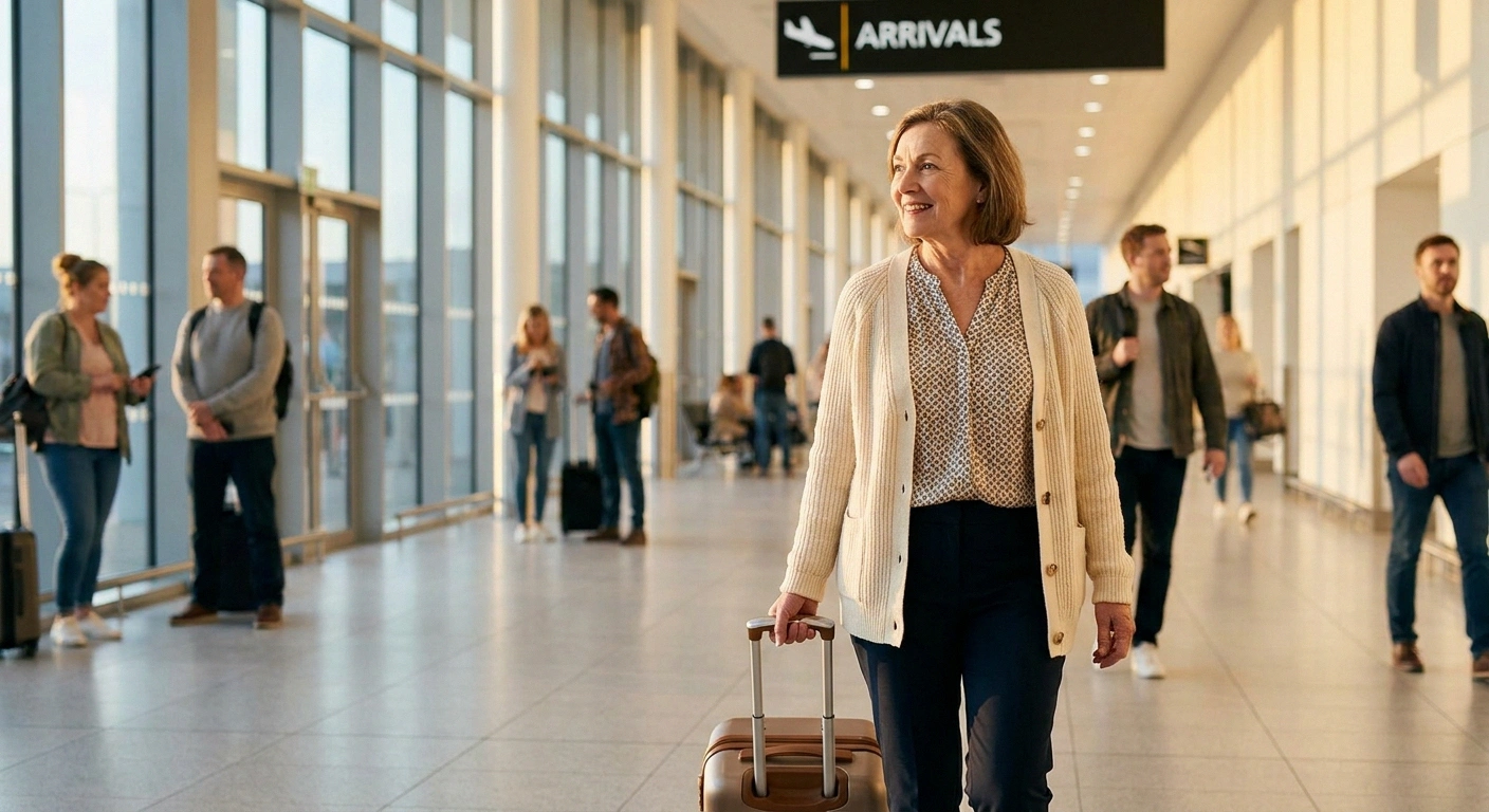 Older woman arriving at her destination airport, walking through sunlit corridor toward family