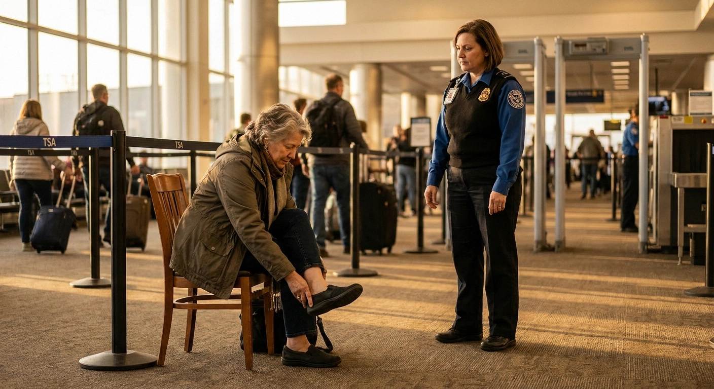 Older woman seated on a chair calmly removing slip-on shoes for TSA screening, officer assisting nearby