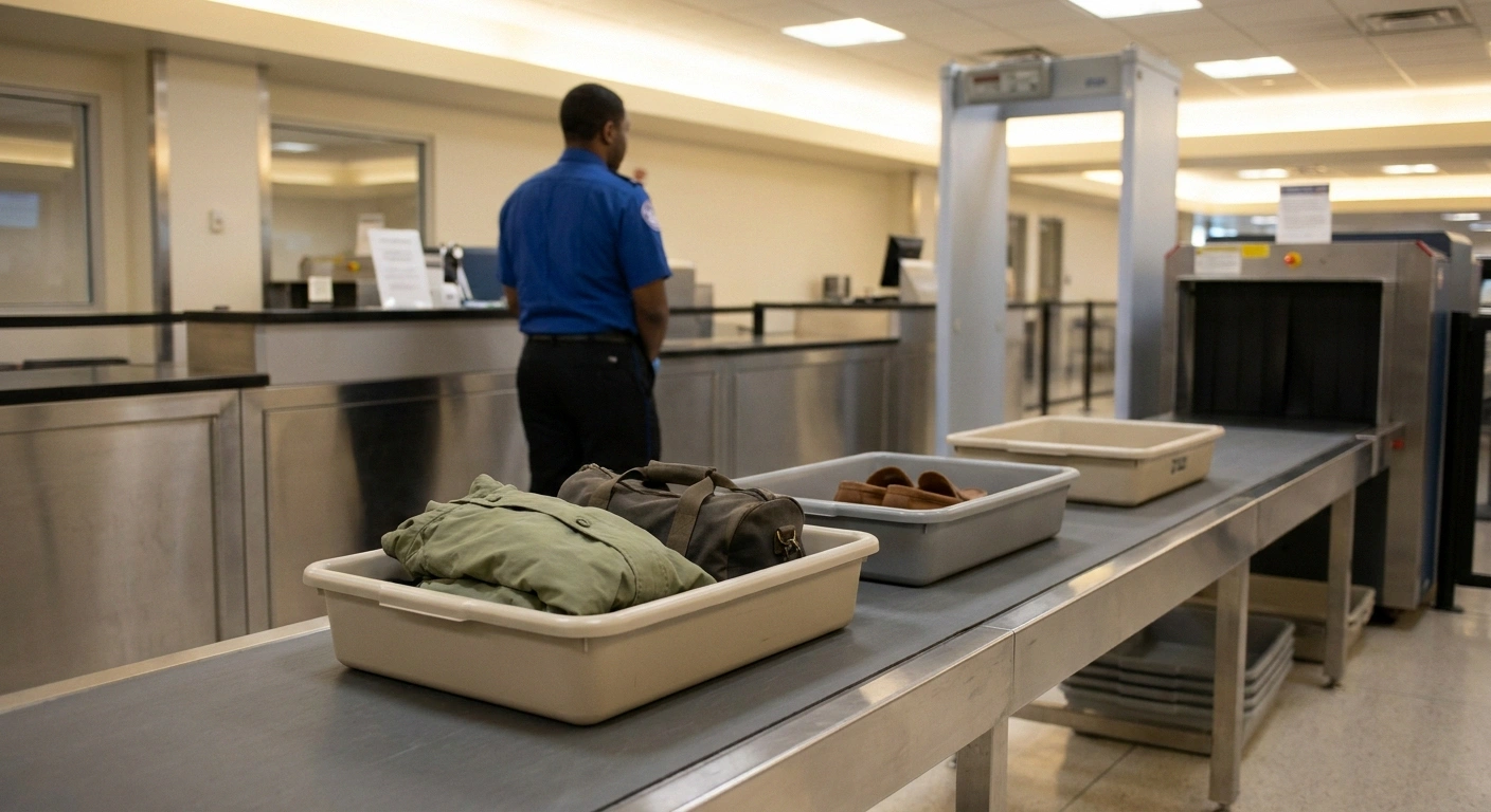 TSA airport checkpoint conveyor belt with bins of personal items moving through screening
