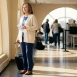 Older woman calmly approaching airport security with rolling carry-on and TSA Notification Card in hand