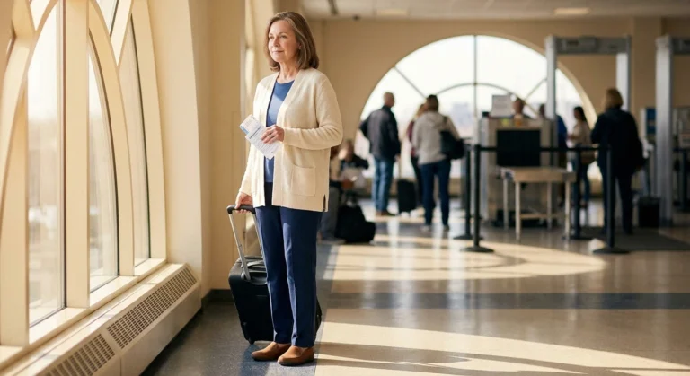 Older woman calmly approaching airport security with rolling carry-on and TSA Notification Card in hand