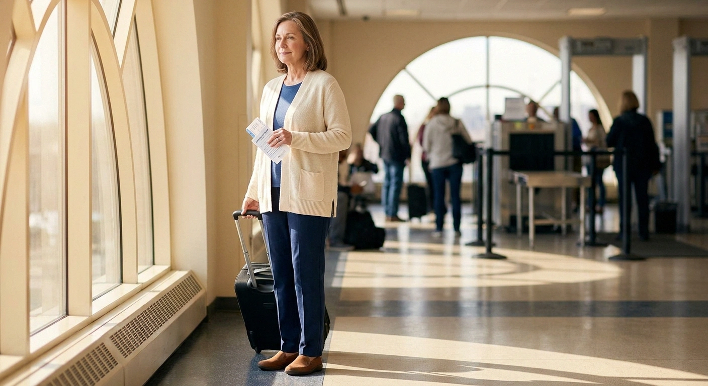 Older woman calmly approaching airport security with rolling carry-on and TSA Notification Card in hand