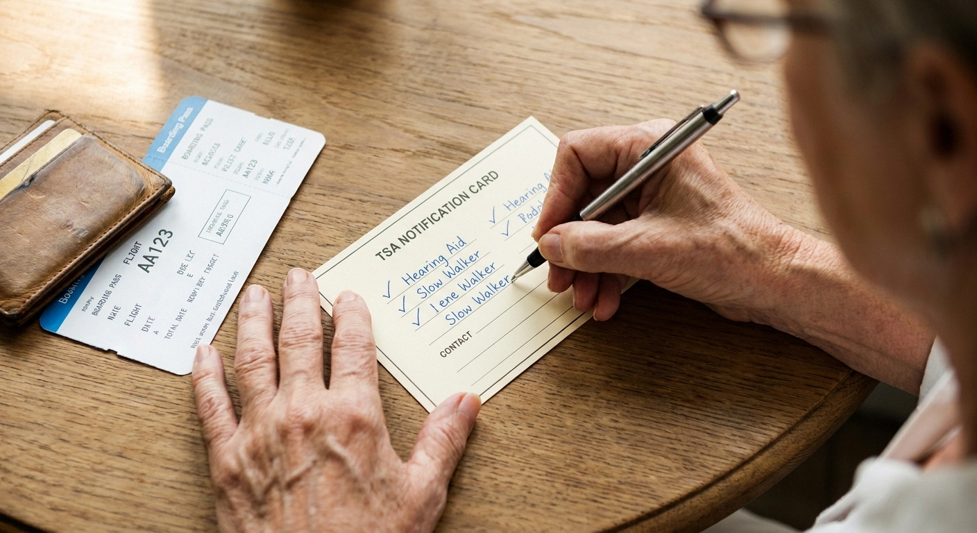 Hands filling out a printed TSA Notification Card with pen, boarding pass beside it