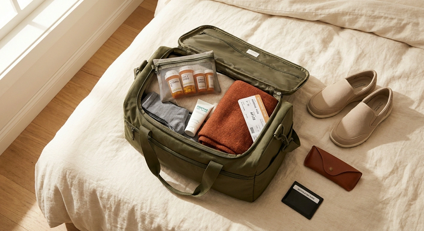 Carry-on bag packed with neuropathy medications, compression socks, slip-on shoes, and TSA Notification Card