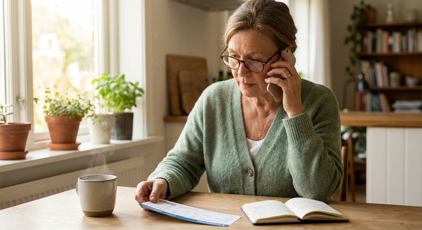 Older woman calling TSA Cares from her kitchen with notes about her upcoming flight