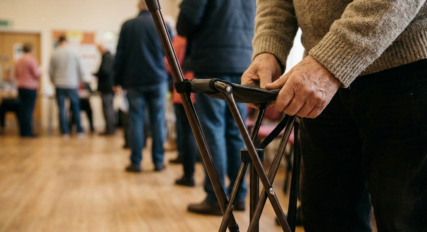 A folding cane-seat being used to rest while keeping a place in line, a key tool for neuropathy.