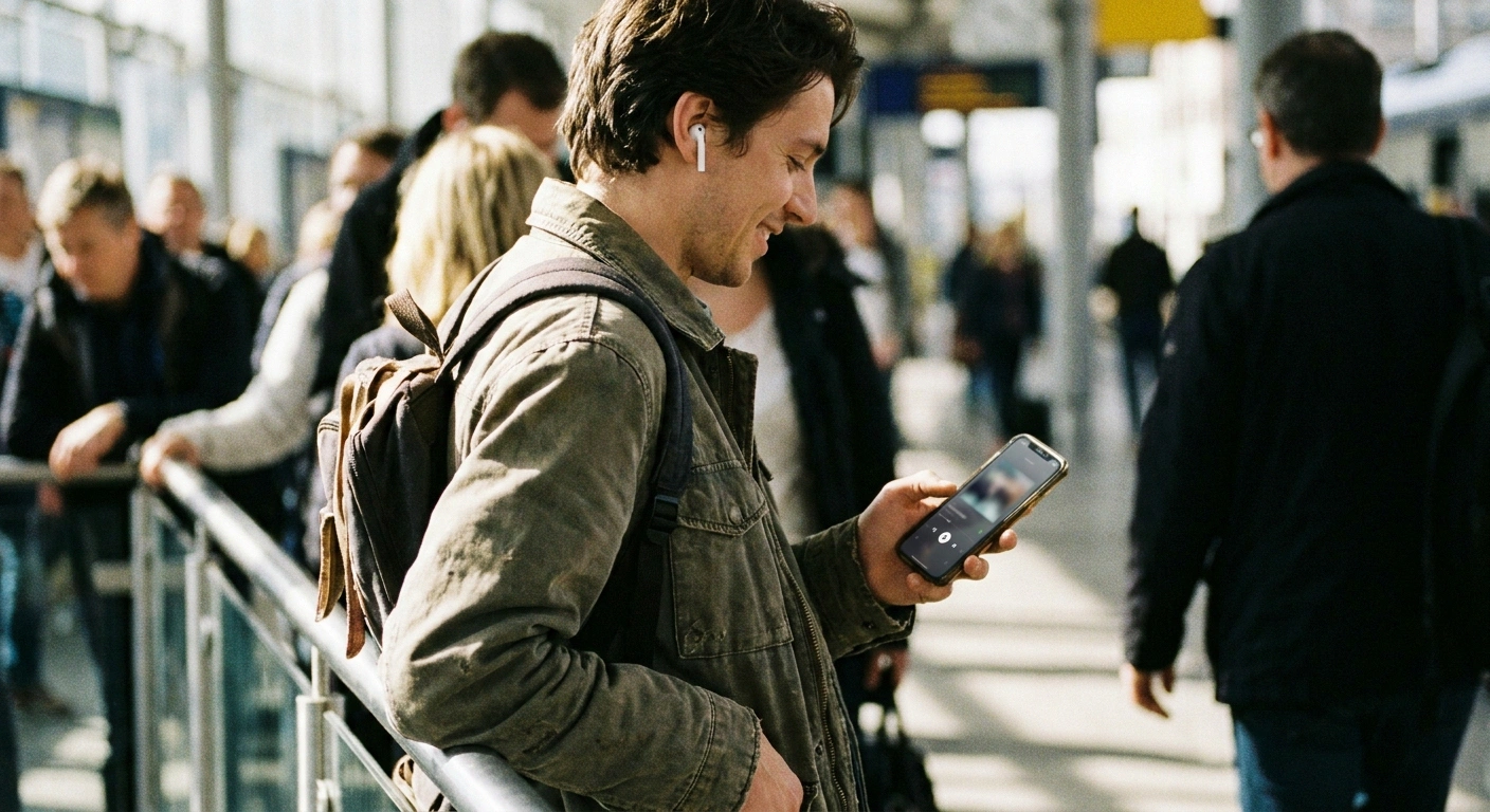 A person using earbuds and a podcast to distract from foot pain while waiting in a line with neuropathy.