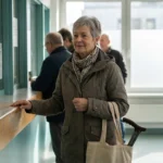 An older woman managing a long line at the pharmacy with neuropathy by shifting her weight and leaning on a counter.