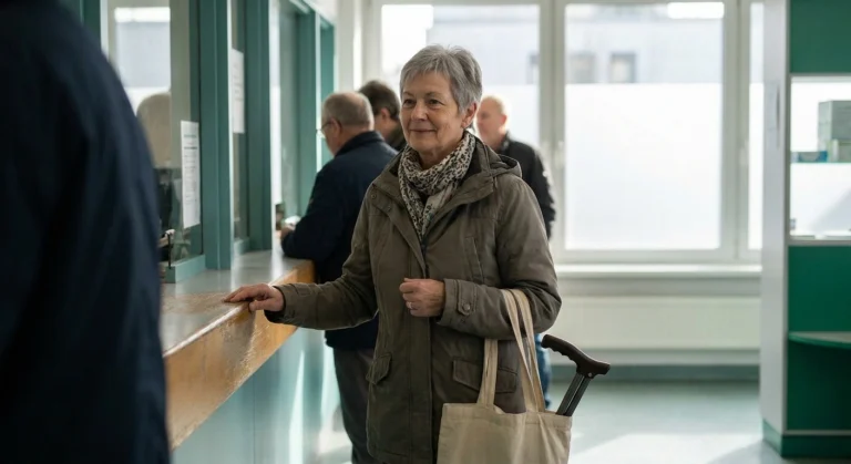 An older woman managing a long line at the pharmacy with neuropathy by shifting her weight and leaning on a counter.