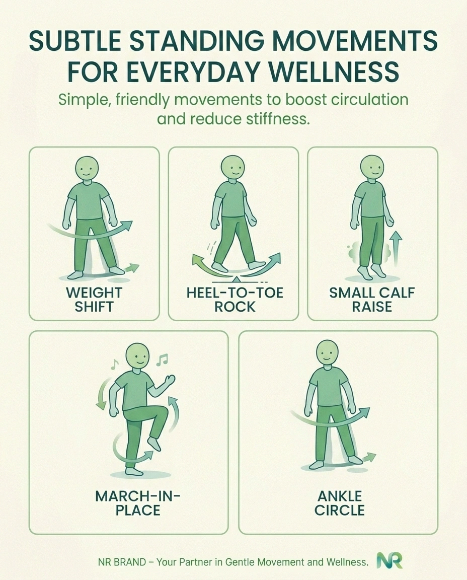 Infographic of five subtle in-place movements to keep blood circulating while standing in line with neuropathy.