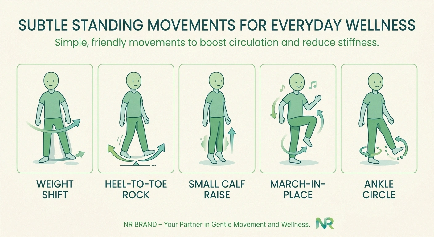 Infographic of five subtle in-place movements to keep blood circulating while standing in line with neuropathy.