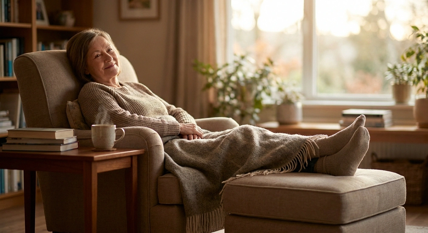 An older woman recovering at home with her feet elevated after standing in a long line with neuropathy.