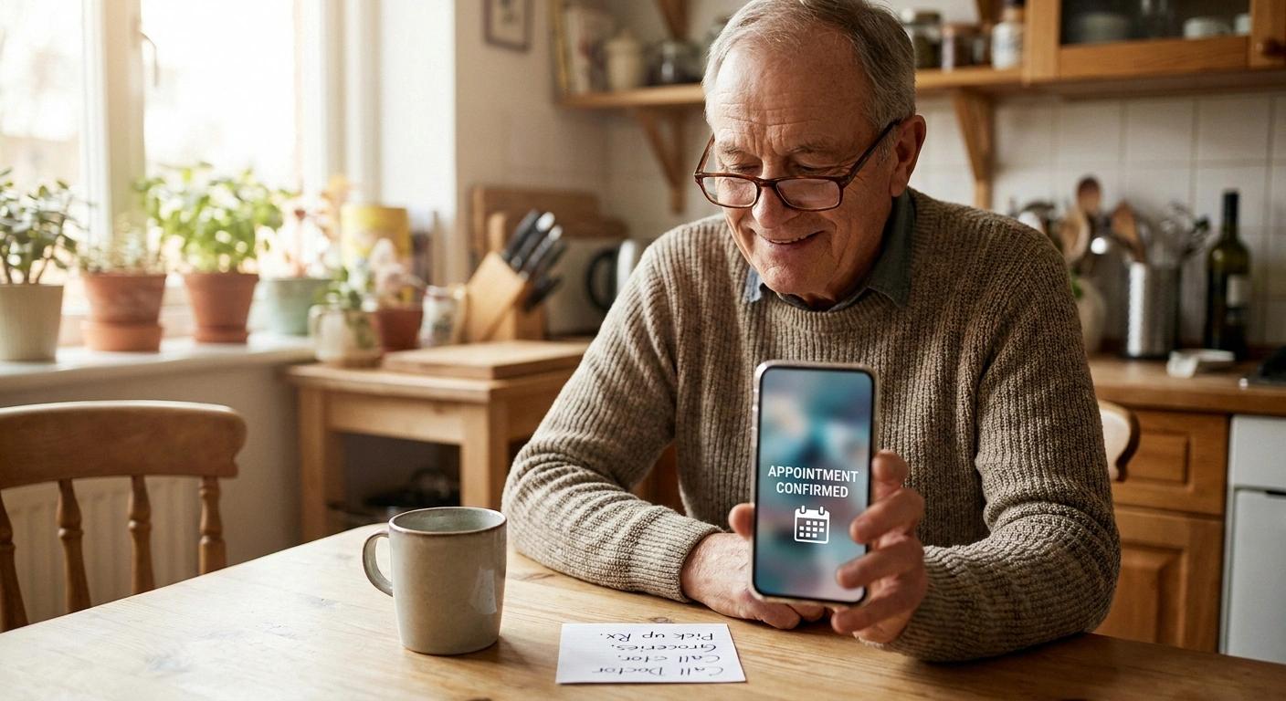 An older adult booking an appointment by phone at home to avoid standing in a long line with neuropathy.