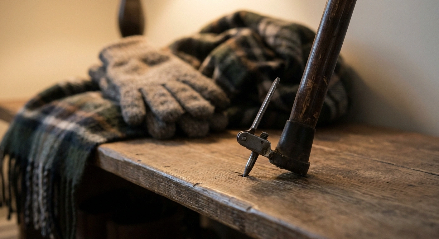 A close-up of a cane with a deployed carbide flip-down ice tip on a mudroom bench beside a glove and scarf — a small upgrade with a large winter safety payoff.
