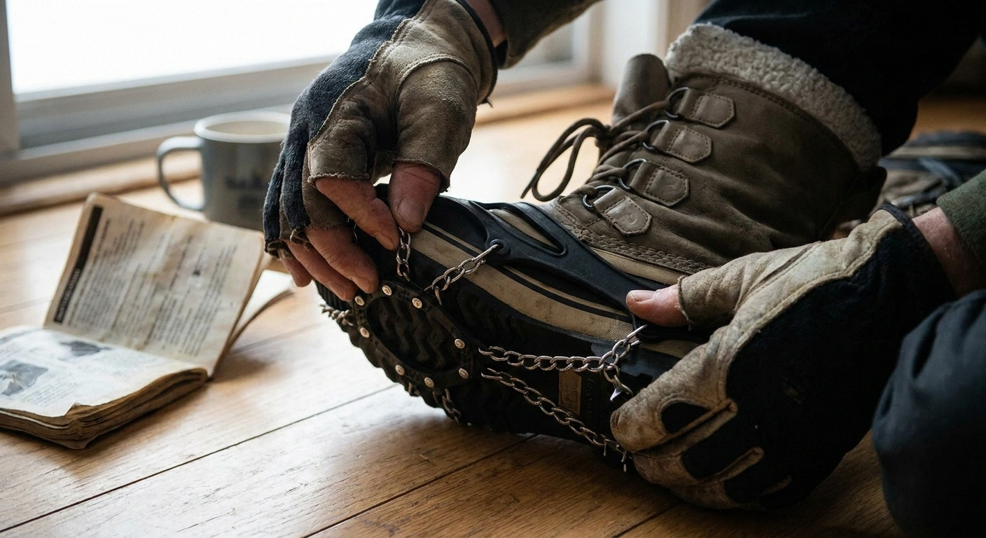 A person fits a slip-on ice cleat with metal grippers over an insulated winter boot — the highest-value winter walking purchase for neuropathy.