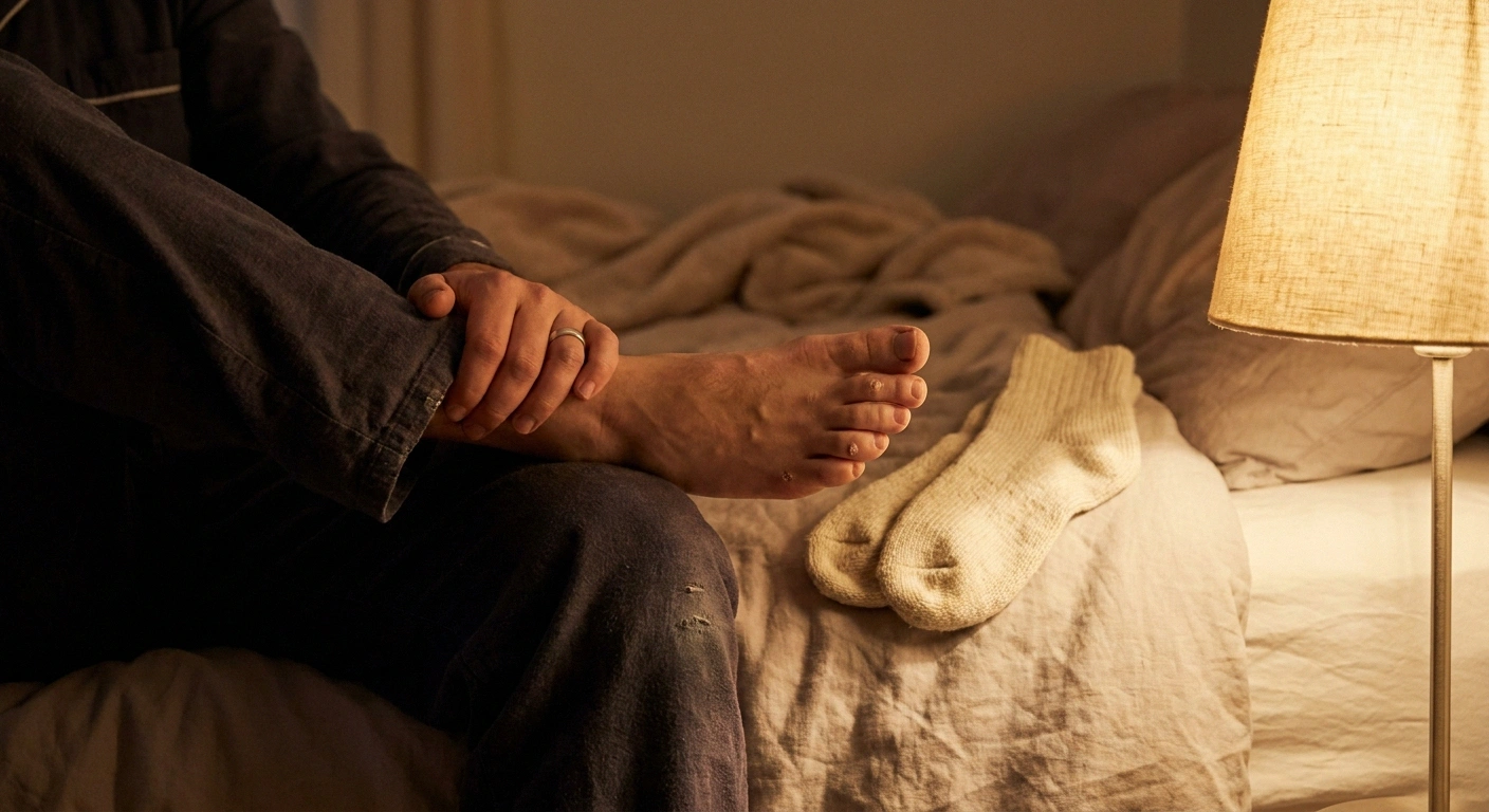A person examines the bottom of a bare foot under a bedside lamp before bed — the daily foot-check routine that matters especially in winter for people with neuropathy.