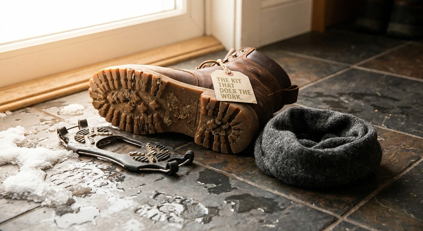 A close-up of a deep-lug-sole winter boot, slip-on ice cleats, and a wool sock on a mudroom floor — the footwear kit for walking safely with neuropathy in winter.