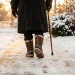 A person in insulated boots walks carefully along a cleared snowy sidewalk with a cane — winter walking with neuropathy done safely.