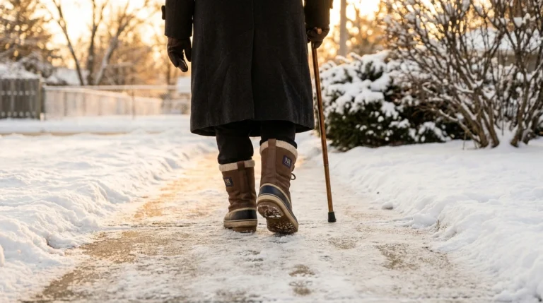 A person in insulated boots walks carefully along a cleared snowy sidewalk with a cane — winter walking with neuropathy done safely.
