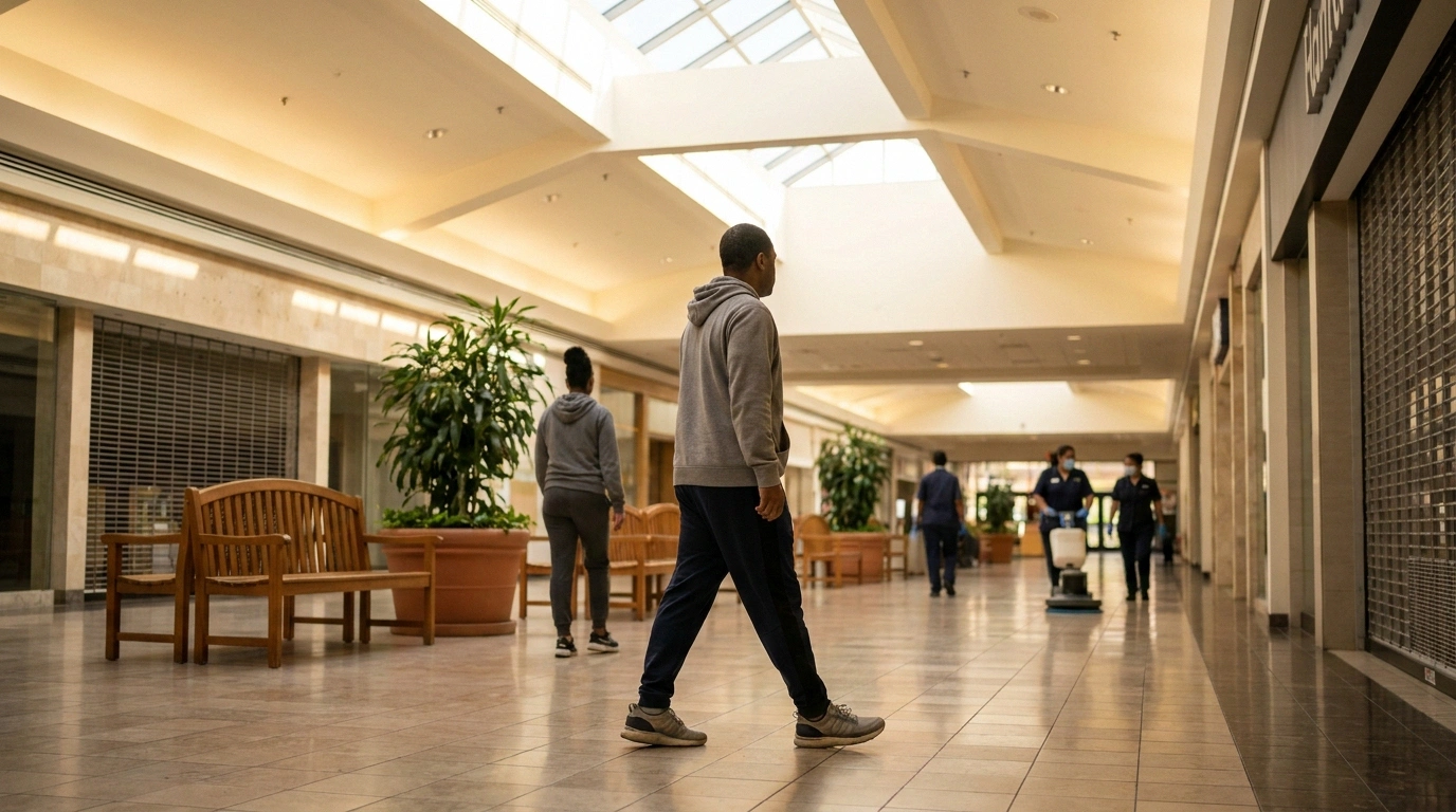 Two people walk along a quiet mall concourse in early morning before stores open — mall walking as a safe indoor winter alternative for people with neuropathy.