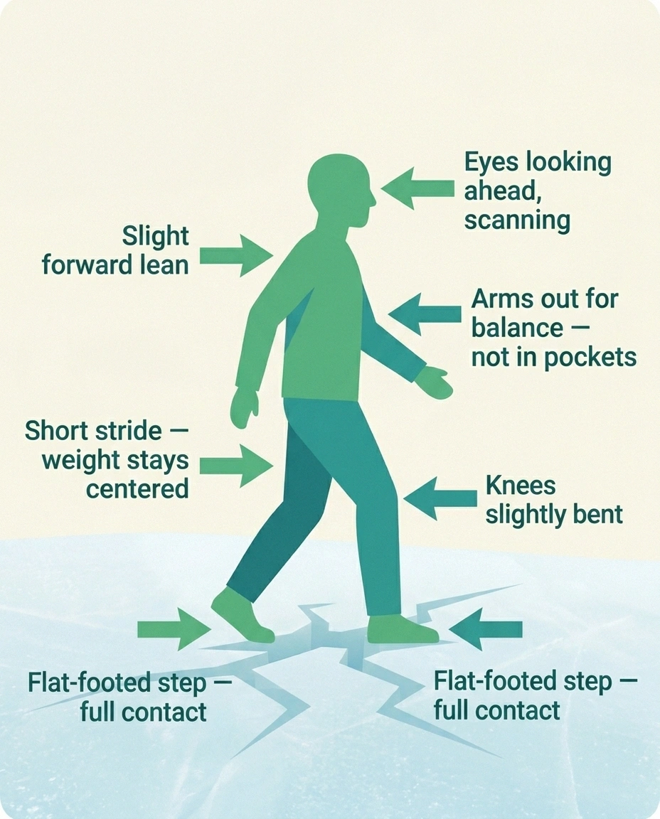 An infographic showing the penguin-walk technique for ice — short steps, flat-footed, knees bent, slight forward lean, arms out, eyes scanning ahead.