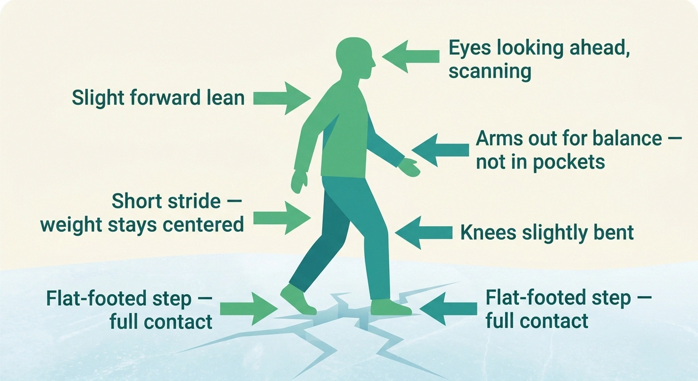 An infographic showing the penguin-walk technique for ice — short steps, flat-footed, knees bent, slight forward lean, arms out, eyes scanning ahead.