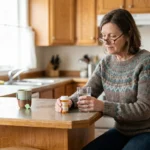 Woman reviewing nortriptyline prescription bottle at home — managing neuropathic pain with a tricyclic antidepressant