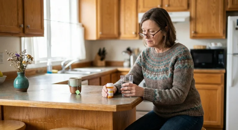 Woman reviewing nortriptyline prescription bottle at home — managing neuropathic pain with a tricyclic antidepressant