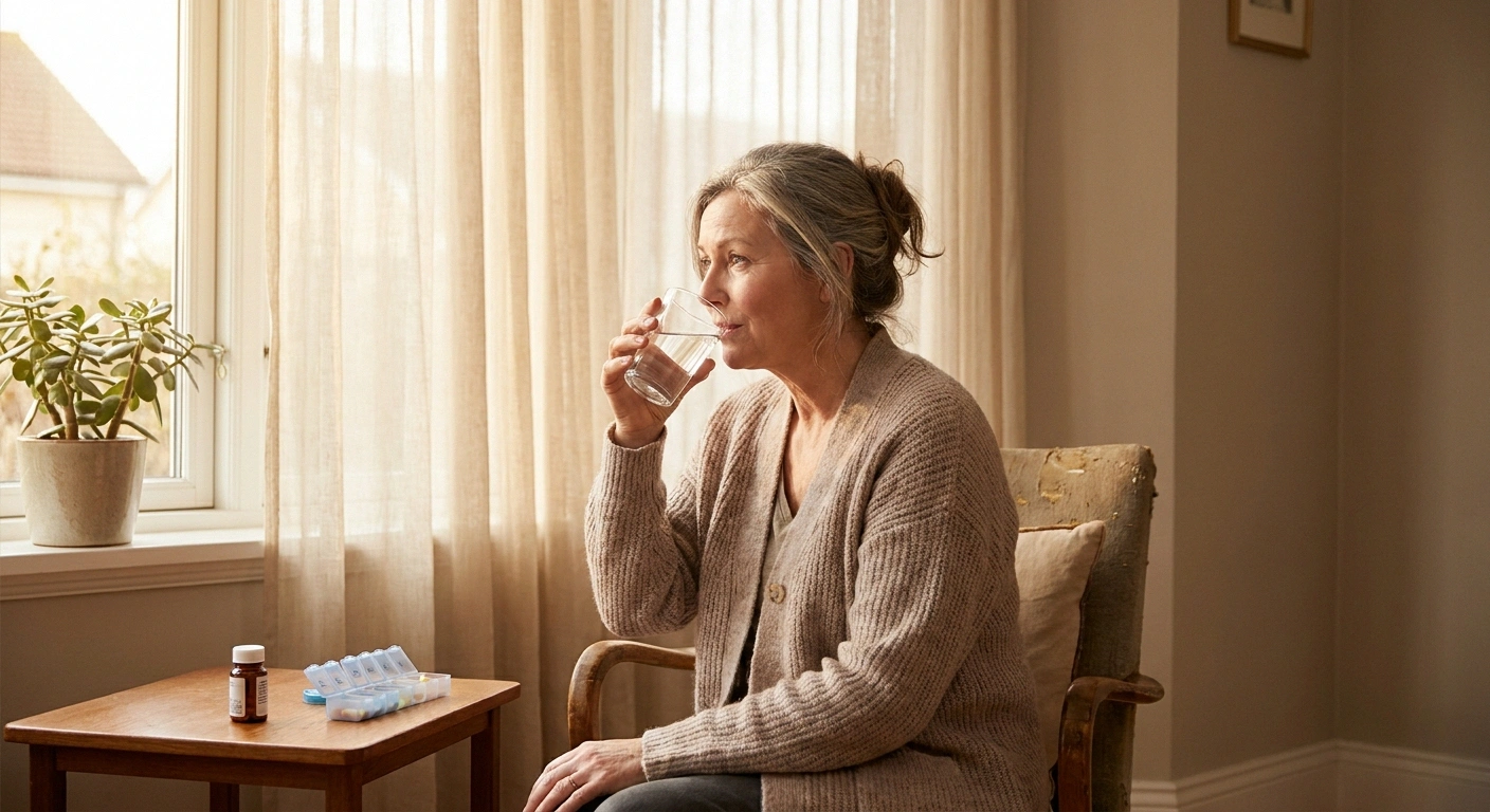 Woman managing morning hydration while adjusting to nortriptyline — navigating common side effects mindfully