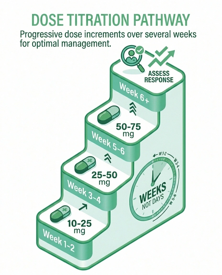 Nortriptyline dose titration schedule — slow weekly increments from 10mg starting dose to 50-75mg target range