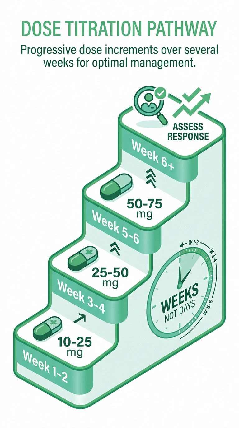 Nortriptyline dose titration schedule — slow weekly increments from 10mg starting dose to 50-75mg target range