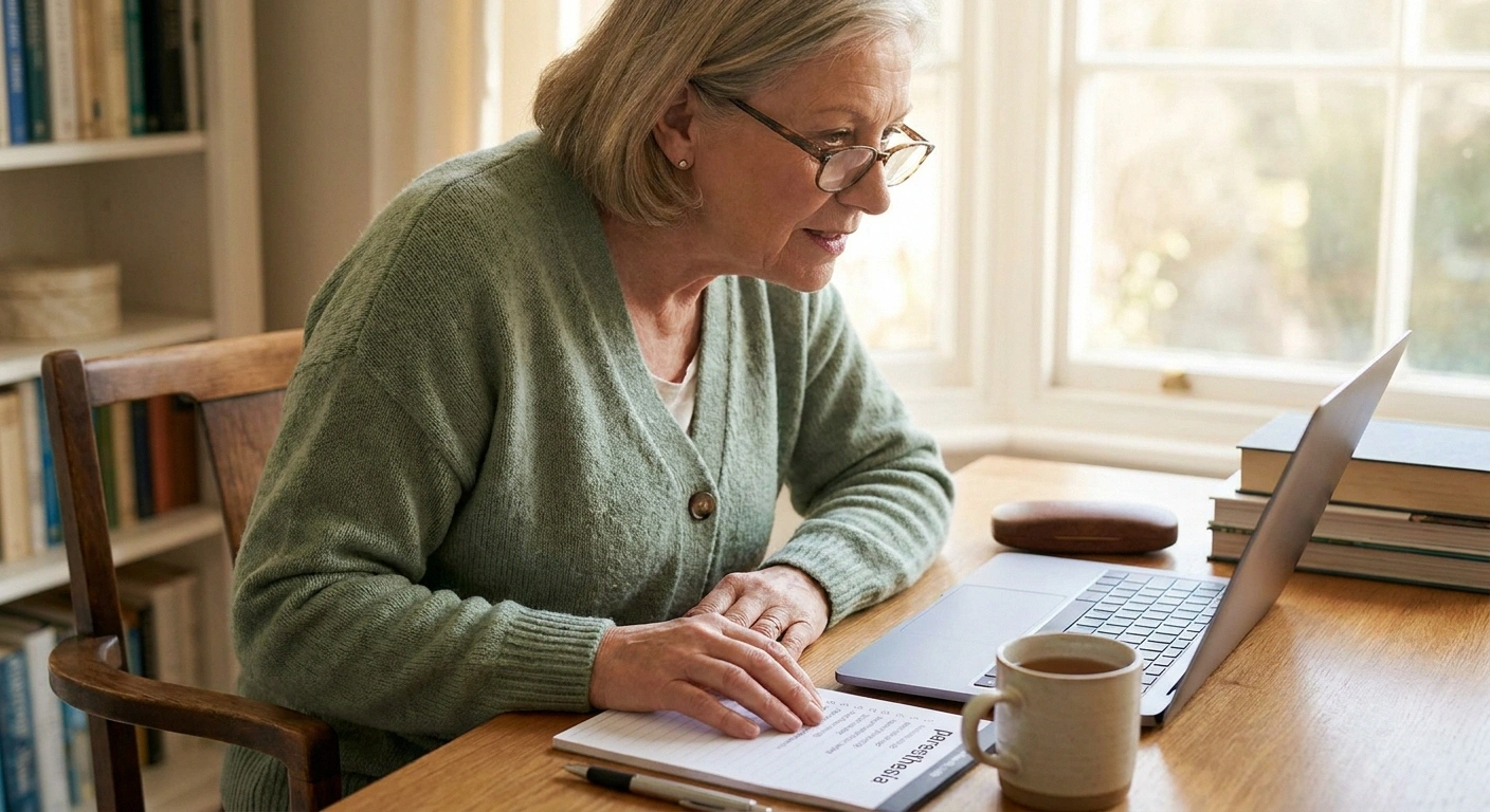 Older woman researching paresthesia at her desk with notes, illustrating self-advocacy through understanding