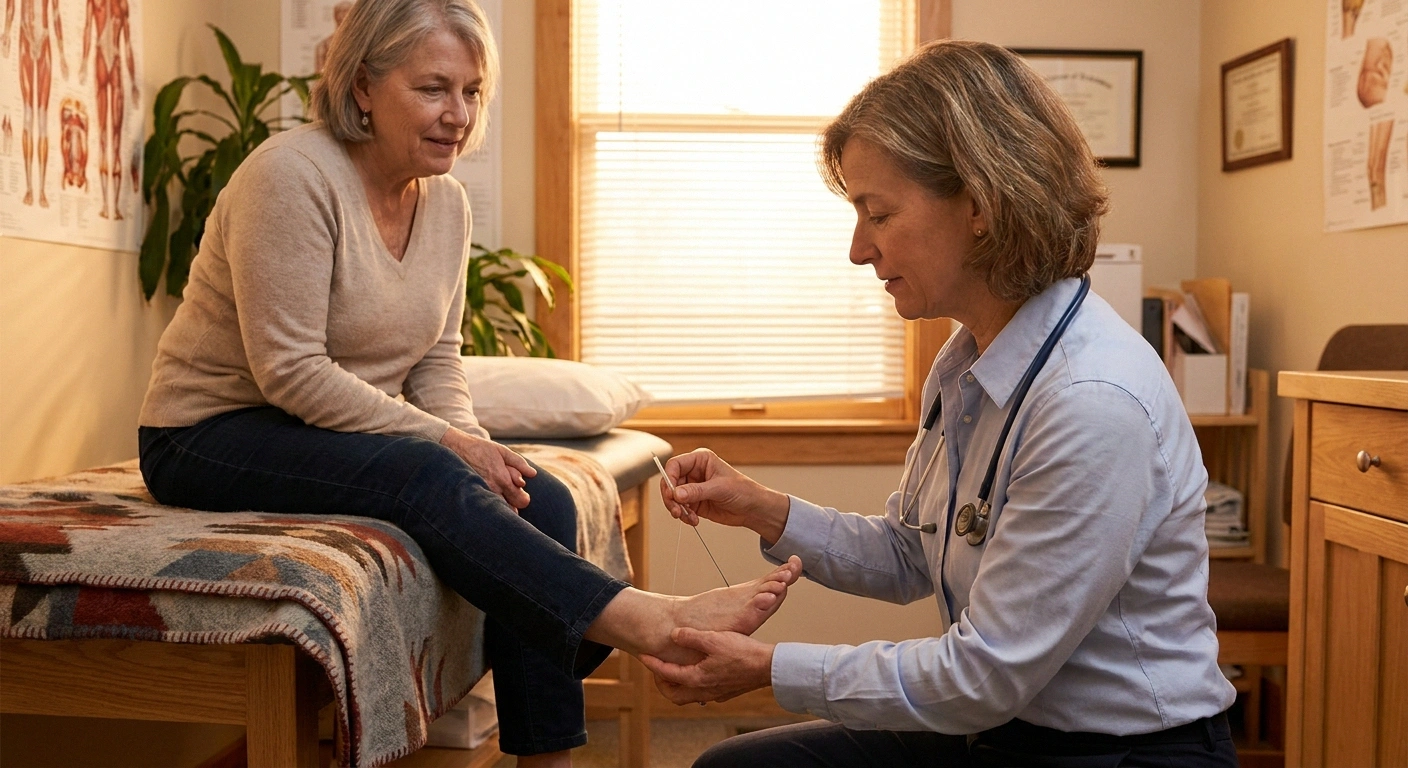 Neurologist testing a patient's foot sensation with a monofilament tool during paresthesia evaluation