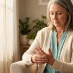 Older woman in soft sunlight gently examining her tingling hand, illustrating the experience of paresthesia