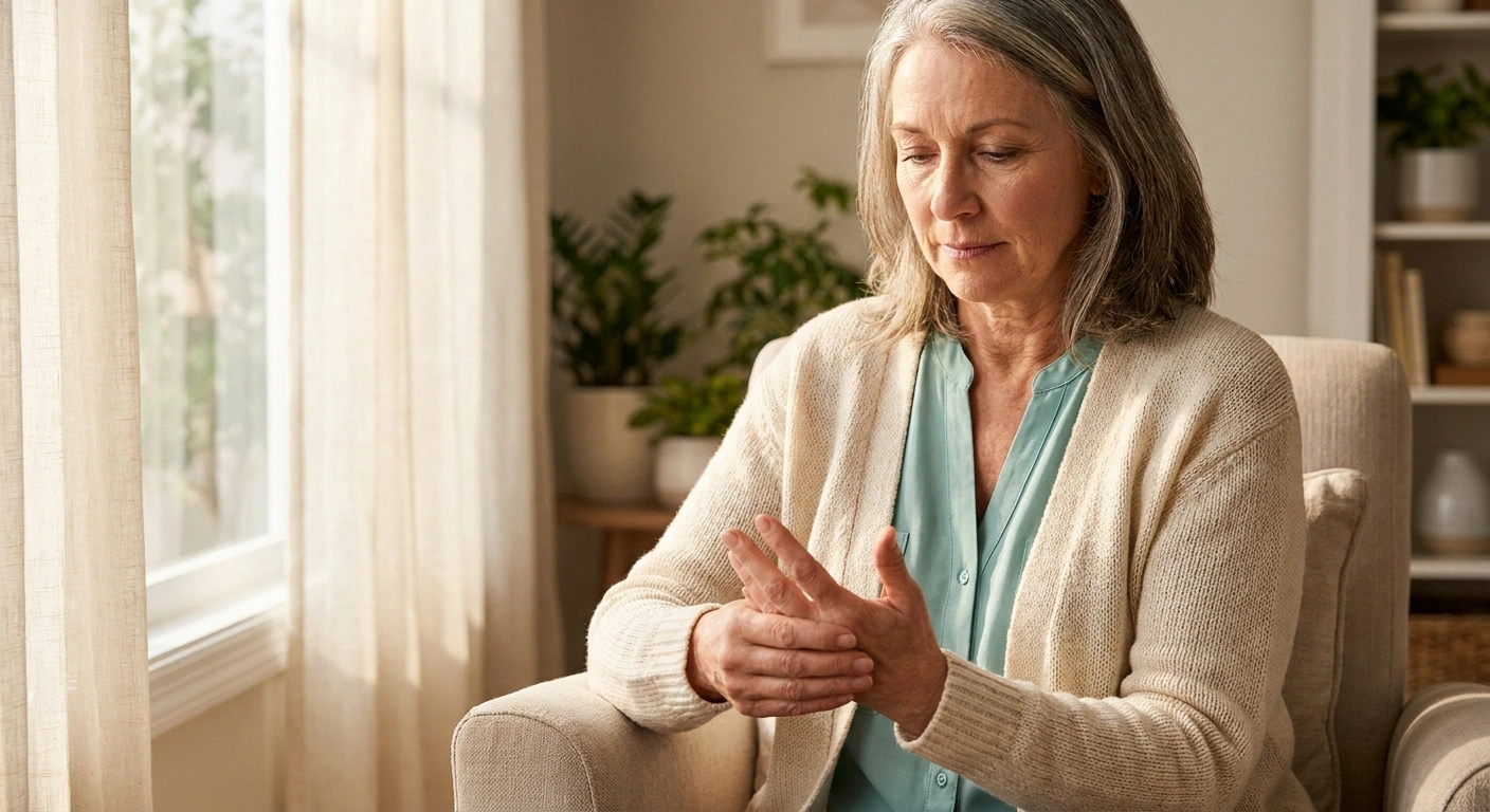 Older woman in soft sunlight gently examining her tingling hand, illustrating the experience of paresthesia