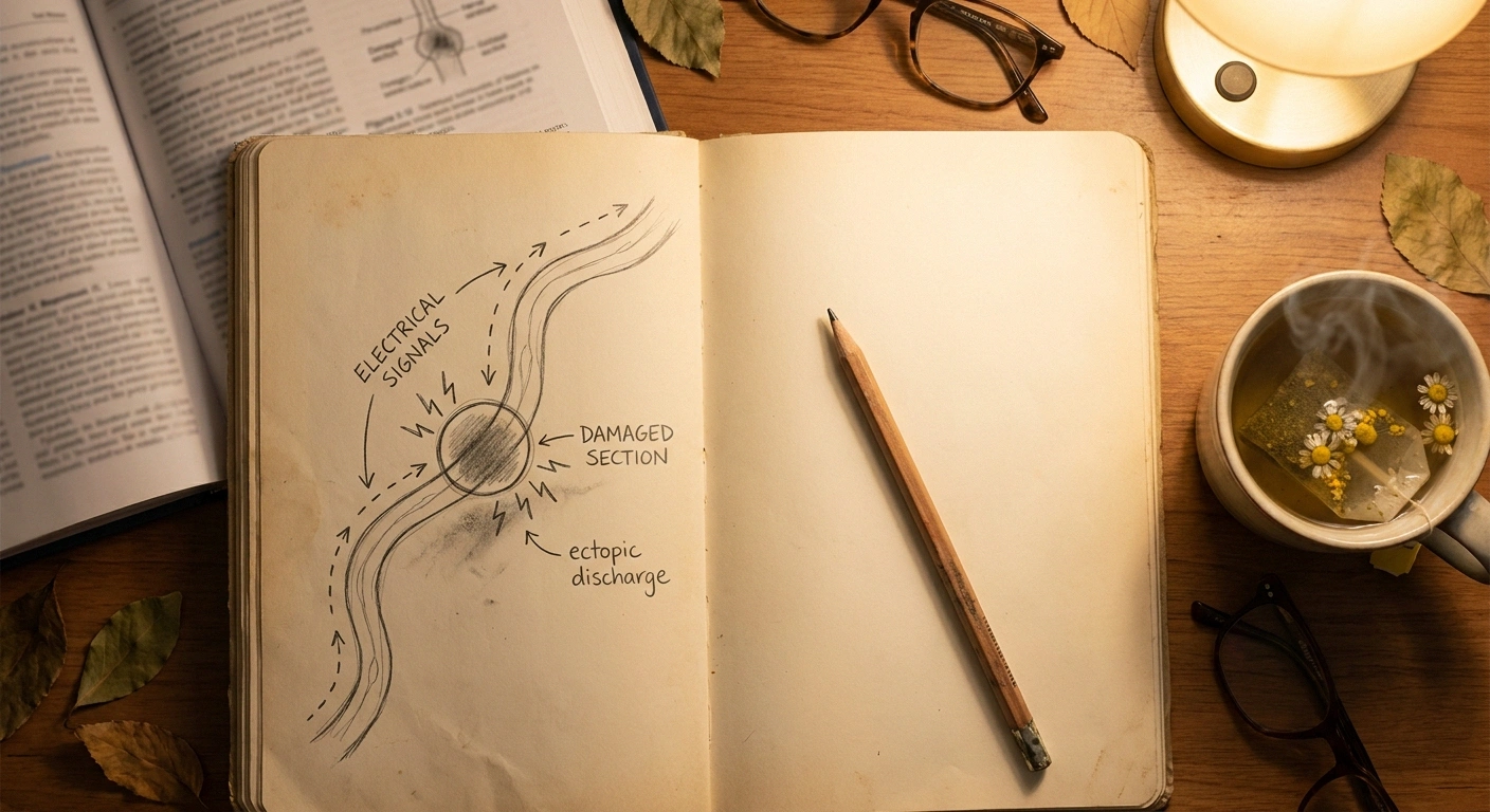 Hand-drawn notebook diagram showing ectopic discharge along a damaged nerve fiber