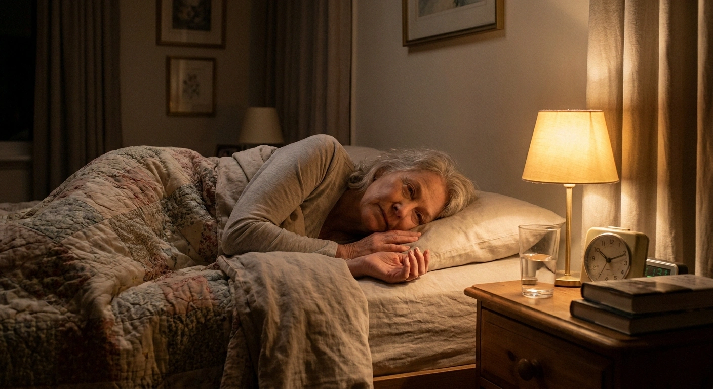 Older woman lying awake at night with hand on pillow, illustrating chronic paresthesia disturbing sleep