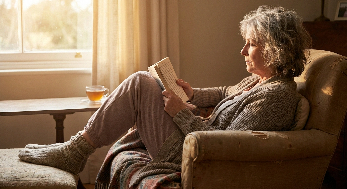 Older woman reading in an armchair with her legs folded, illustrating the everyday moment when a limb falls asleep
