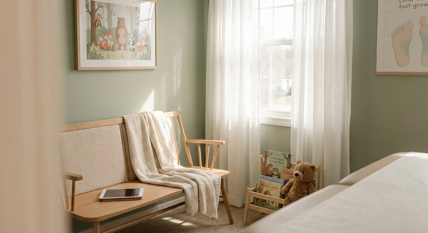 A warm, empty pediatric exam room with a soft bench and children's books, suggesting a calm consultation space.