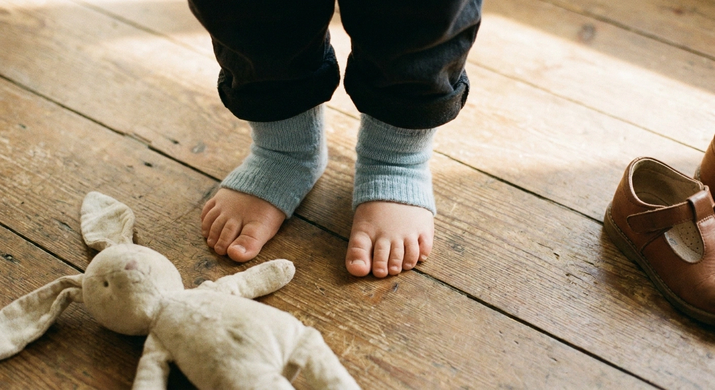A child's feet in soft socks rest on a wooden floor — feet and lower legs only, no face visible.
