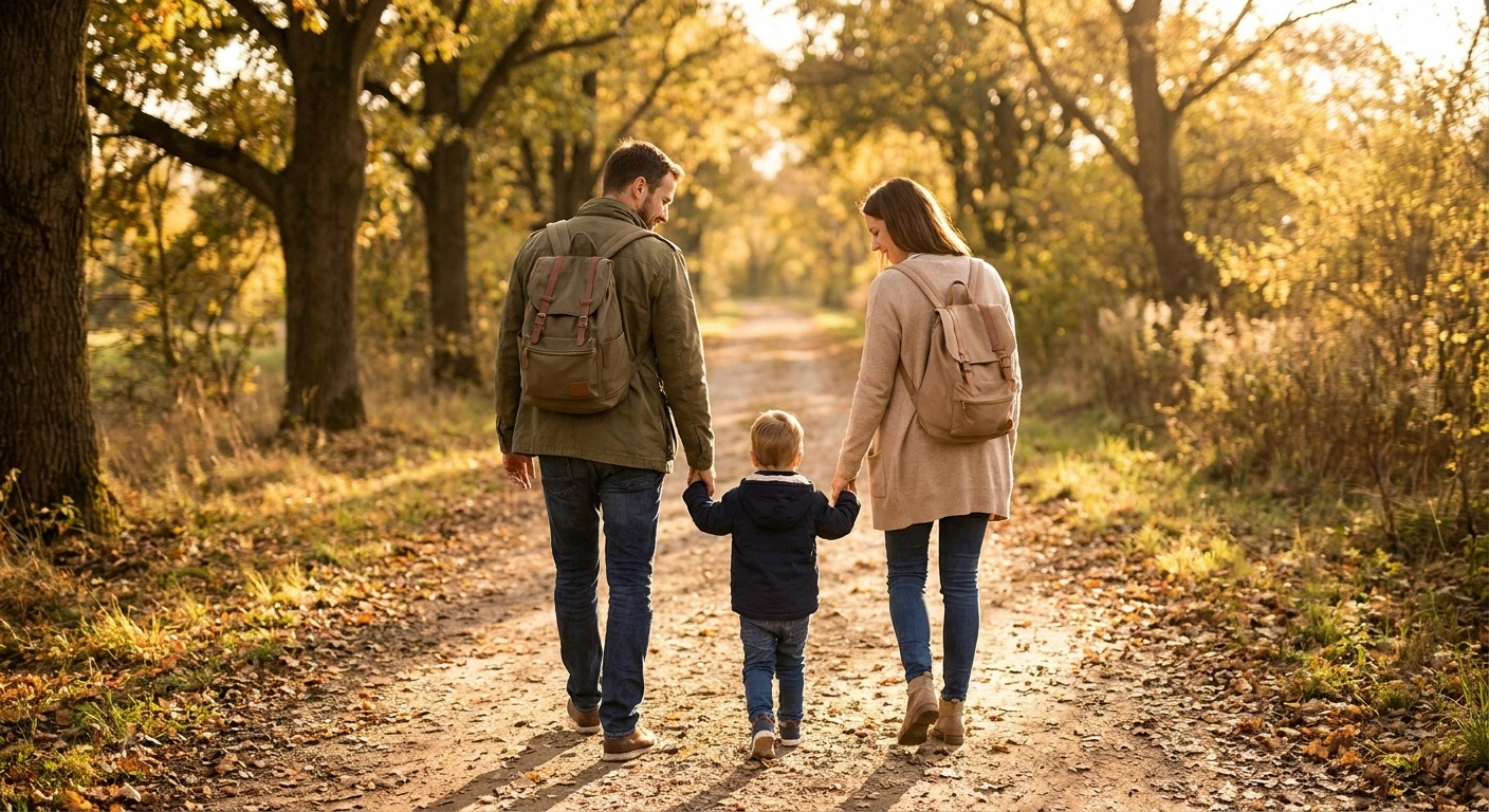 A family of three walks down a tree-lined path at golden hour, shown from behind — no faces visible.