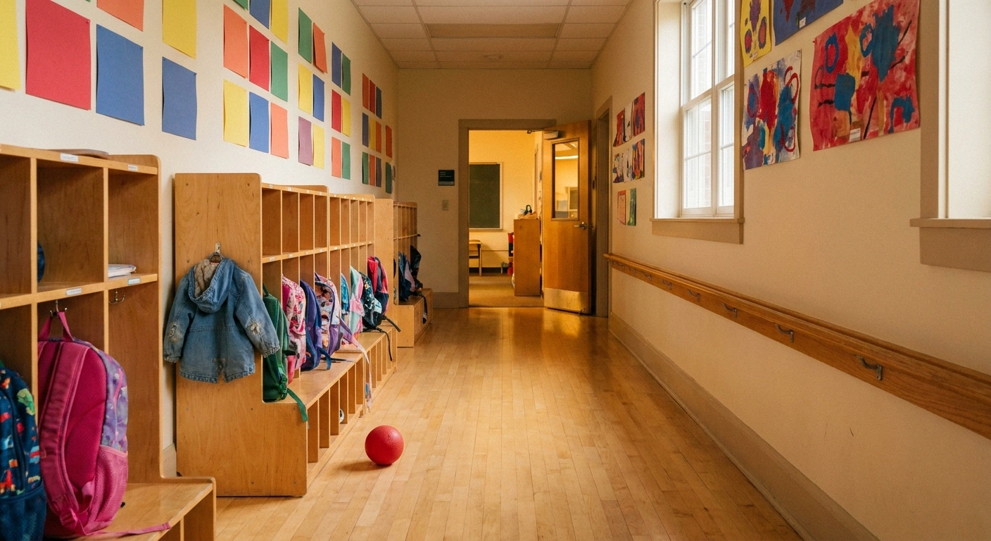 An empty elementary school hallway with cubbies and student artwork, soft afternoon light, no people.