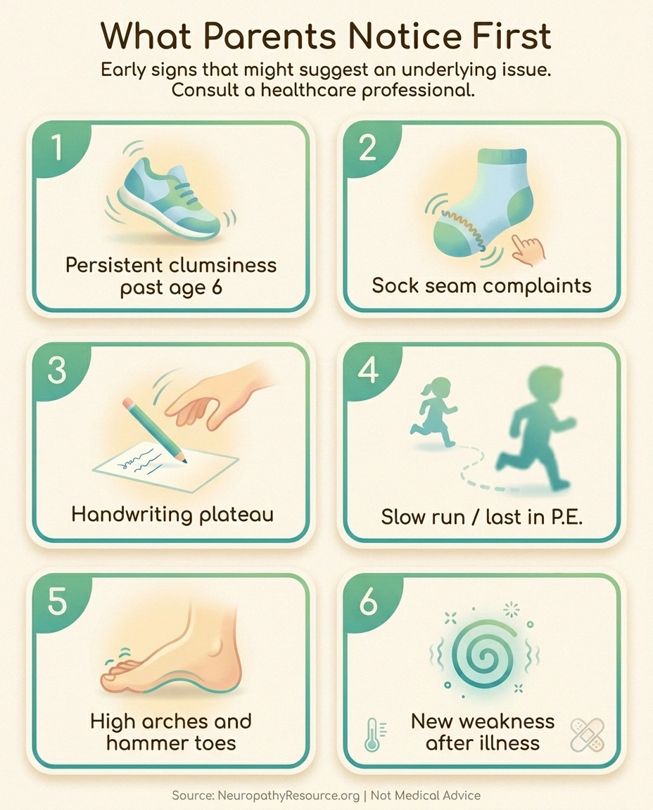Infographic showing six early signs of pediatric neuropathy parents commonly notice first.