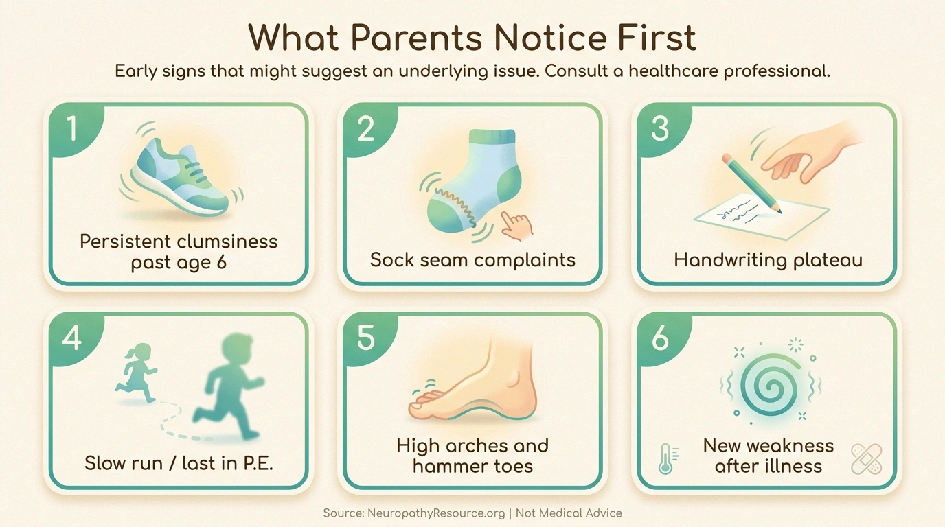 Infographic showing six early signs of pediatric neuropathy parents commonly notice first.